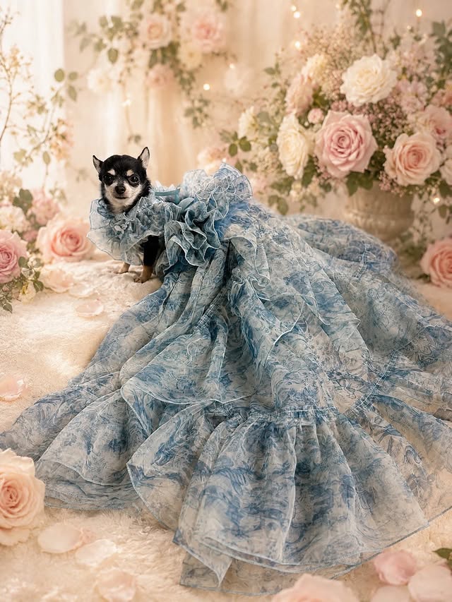 Blue Floral Pet Wedding Dress with Detachable Train