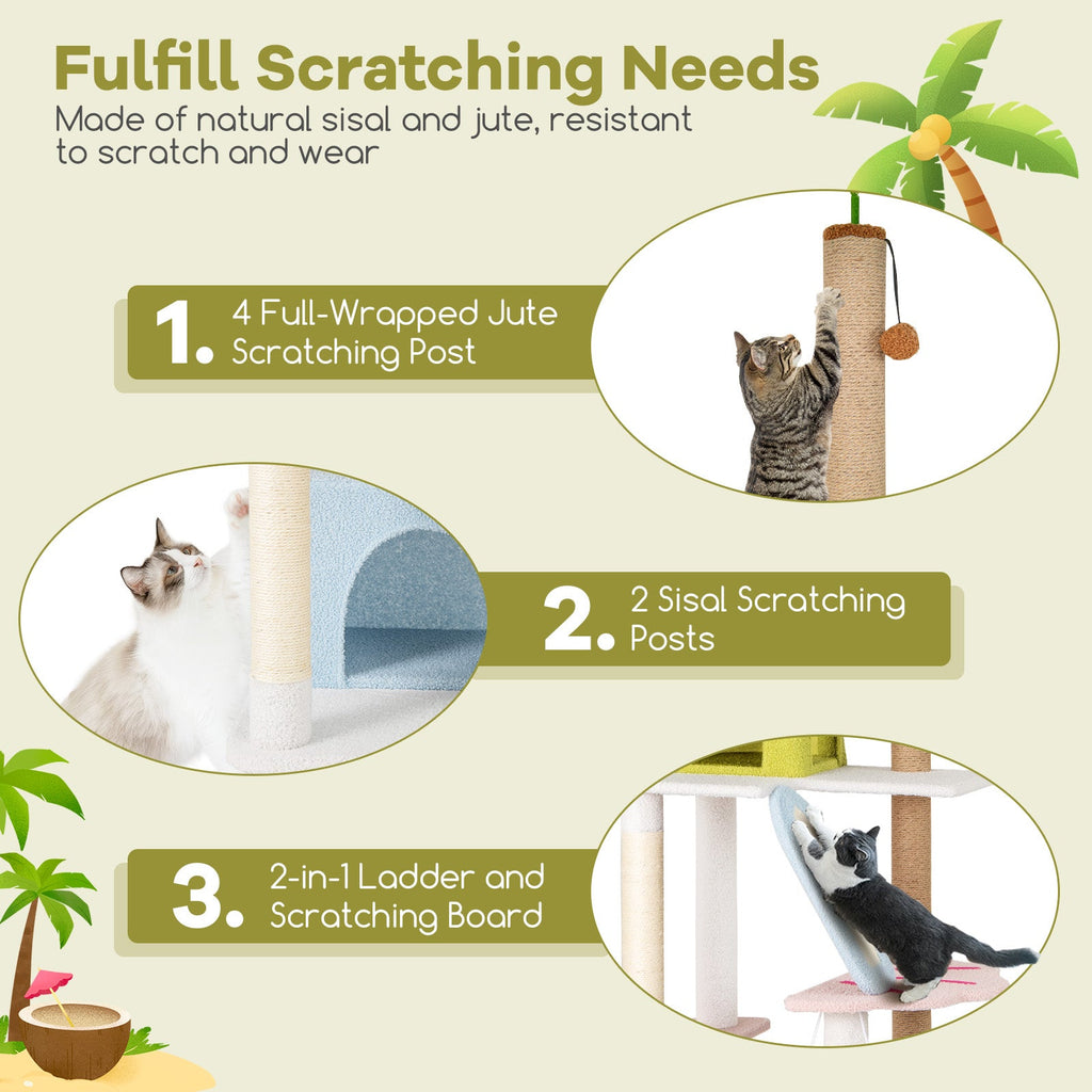 71 Inch Cat Tree Multi-Level Aesthetic Beach-Themed Kitten Tower-Colorful