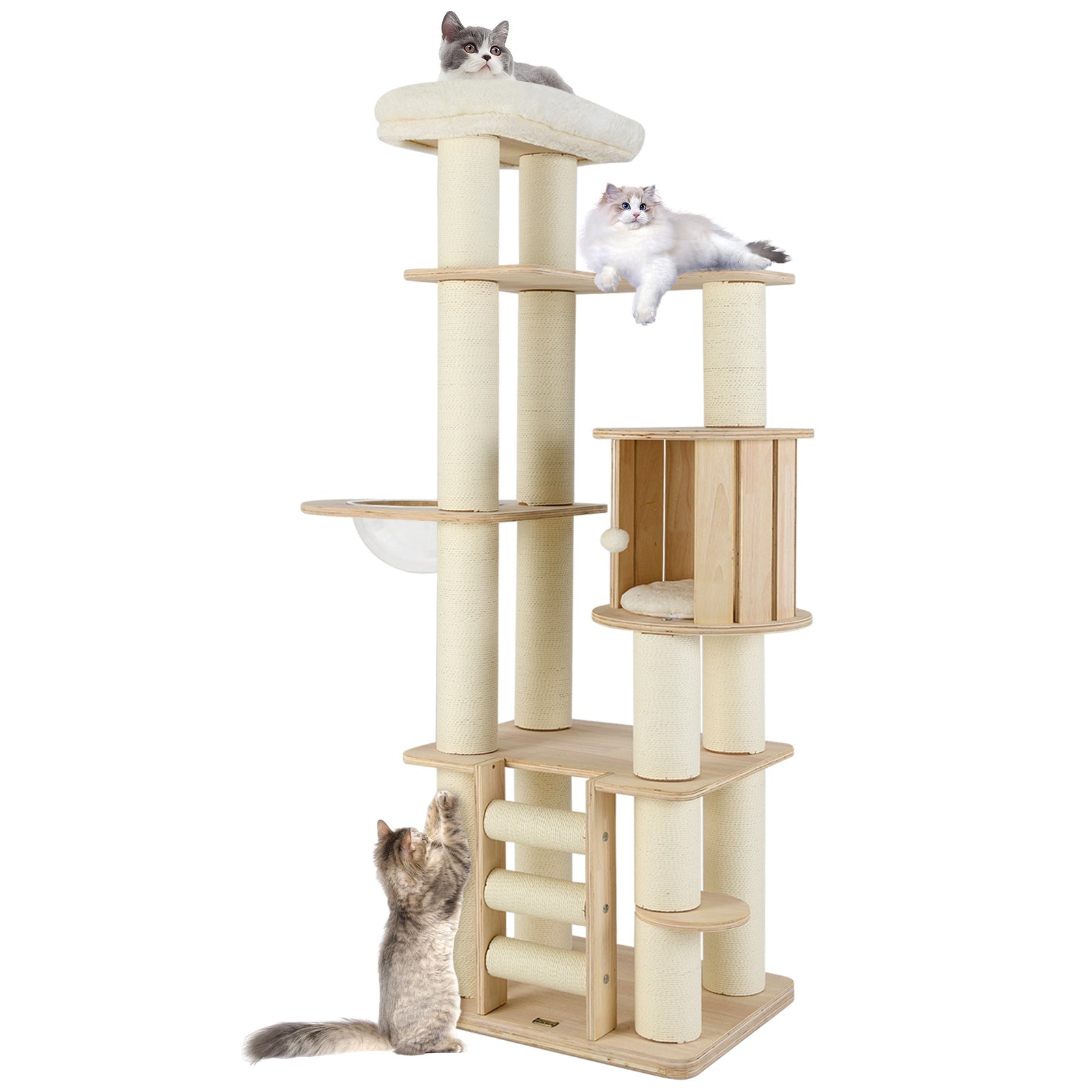 71 Inch Tall Cat Tree Wooden Cat Tower with Cozy Perch Condo Space Capsule-Natural Default Title