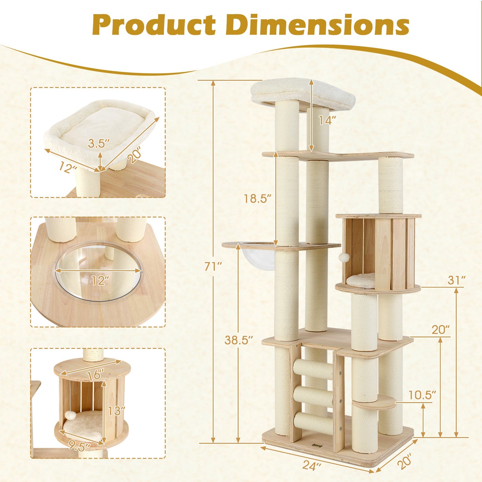 71 Inch Tall Cat Tree Wooden Cat Tower with Cozy Perch Condo Space Capsule-Natural