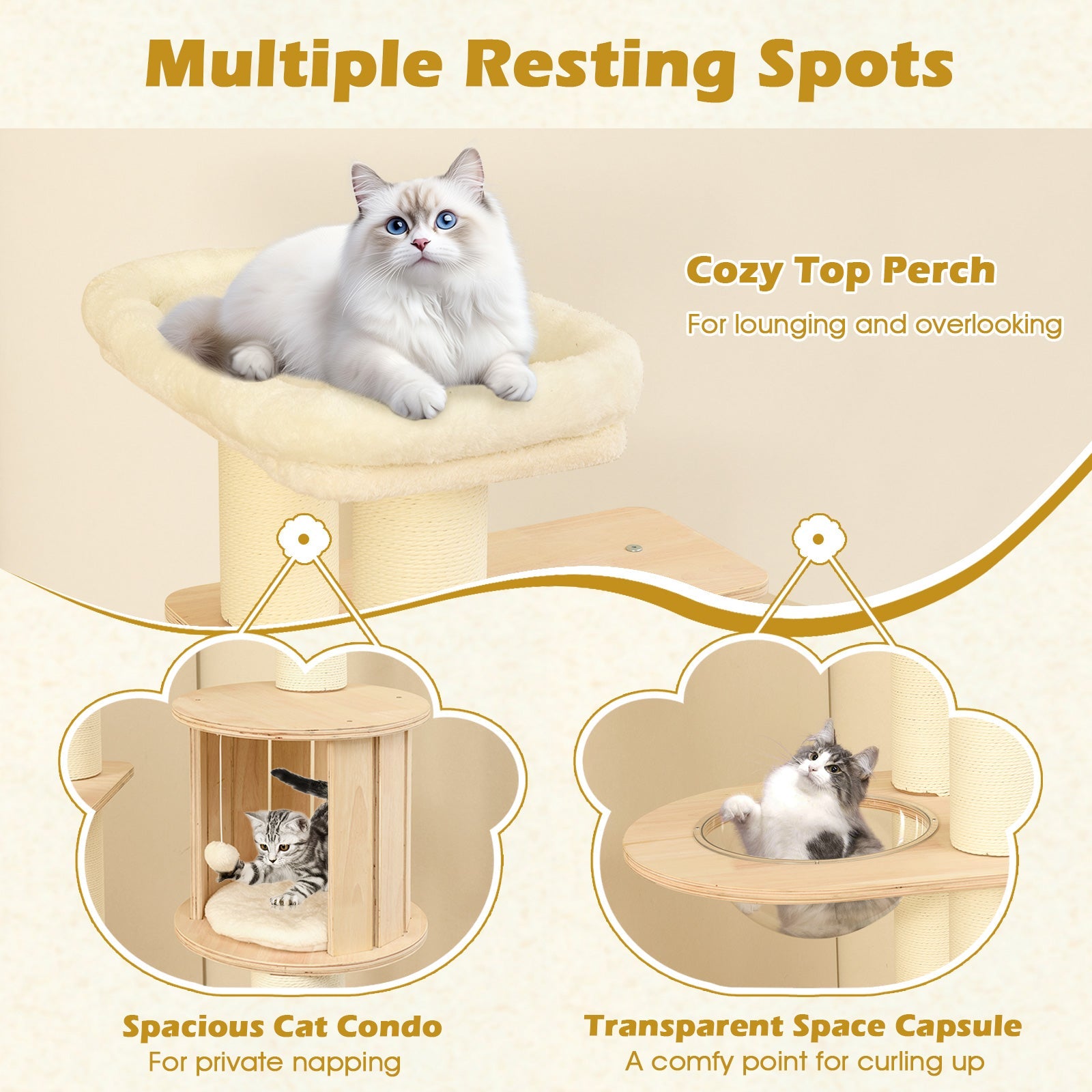 71 Inch Tall Cat Tree Wooden Cat Tower with Cozy Perch Condo Space Capsule-Natural