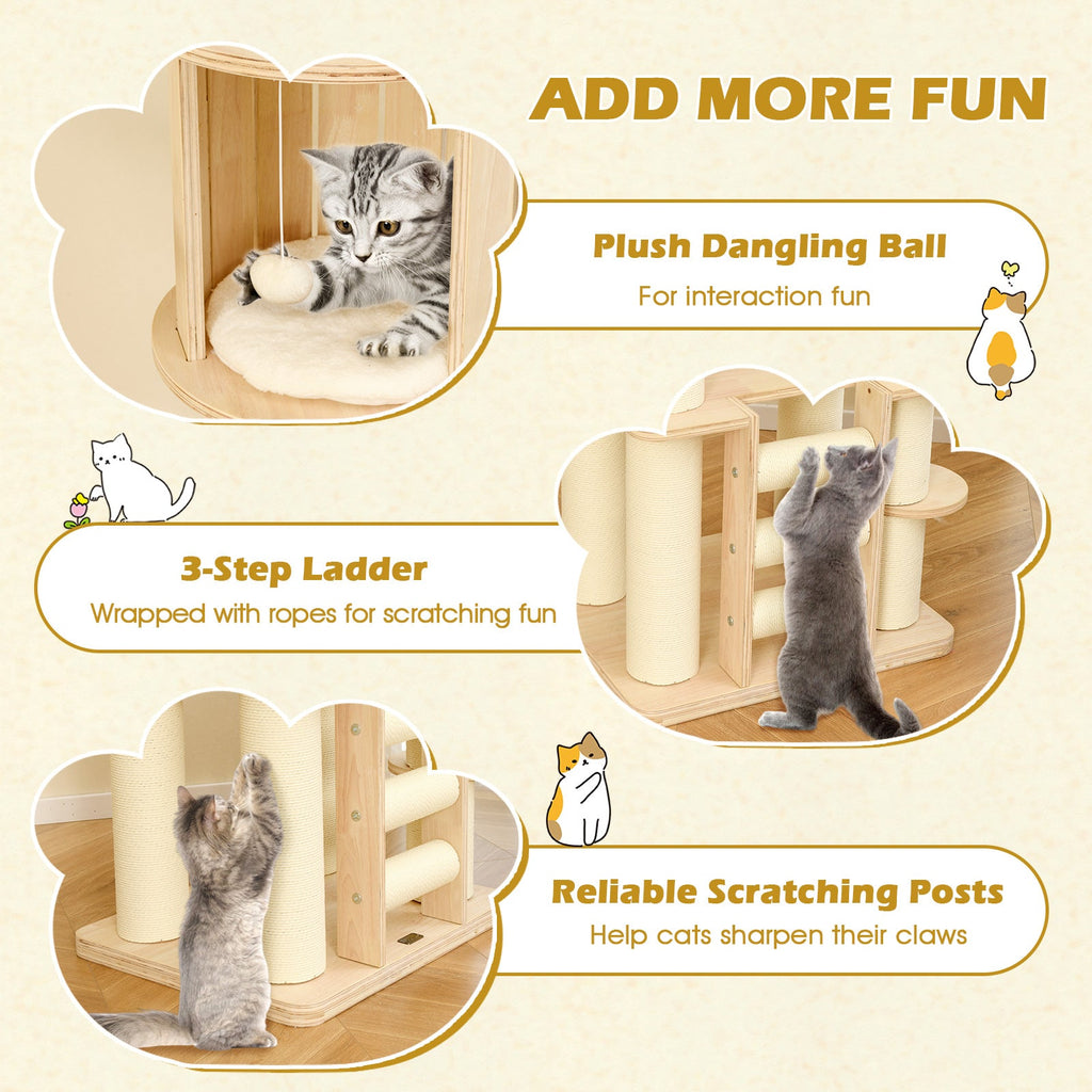 71 Inch Tall Cat Tree Wooden Cat Tower with Cozy Perch Condo Space Capsule-Natural