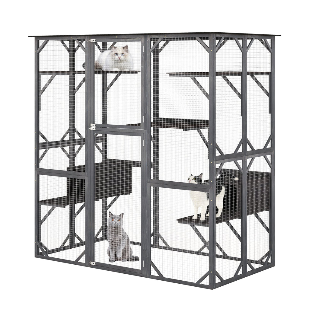 71 Inches Tall Outdoor Wooden Cat House with Weatherproof Asphalt Roof-Gray Default Title