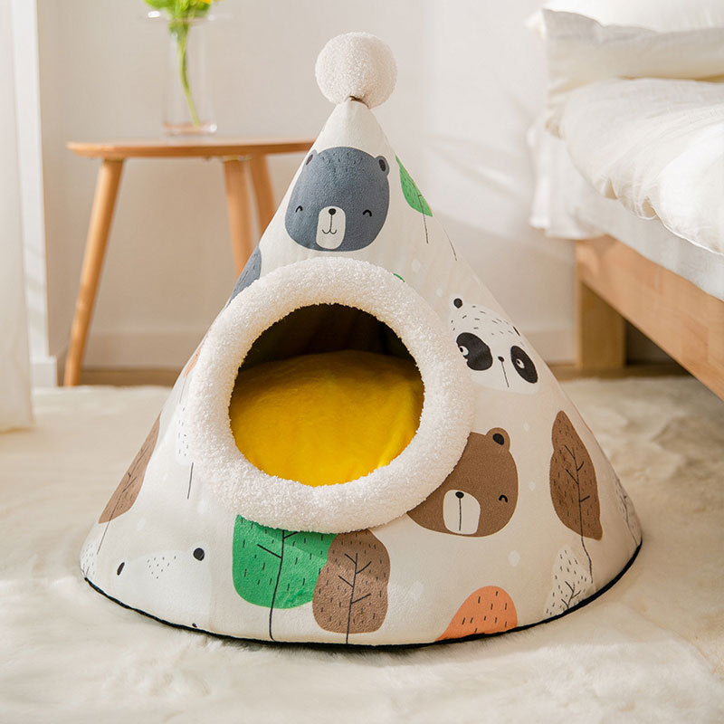 Triangle Yurt House Cat Litter For Cats Enclosed Pet Litter Gray bear