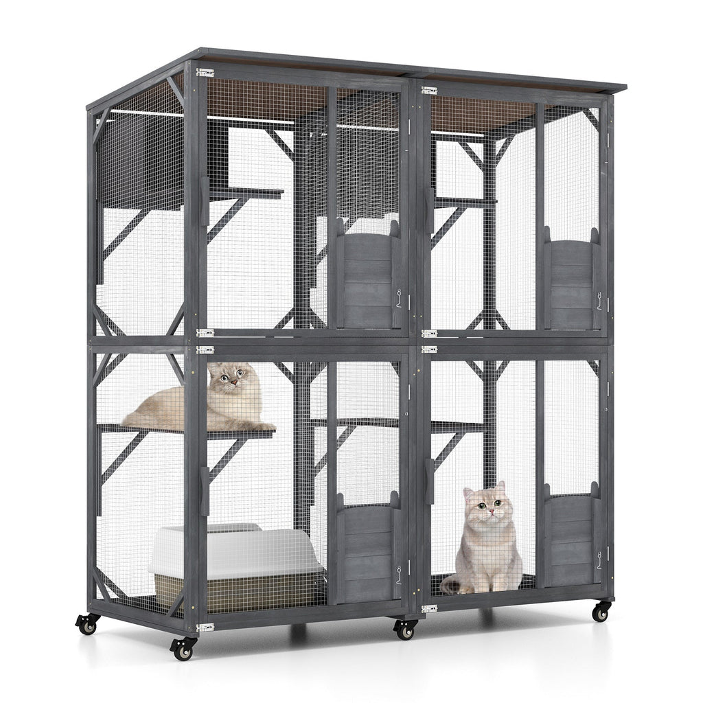 72 Inch Large Wooden Cat House Catio Kitten Enclosure on Wheels with Weatherproof Asphalt Roof-Gray Default Title