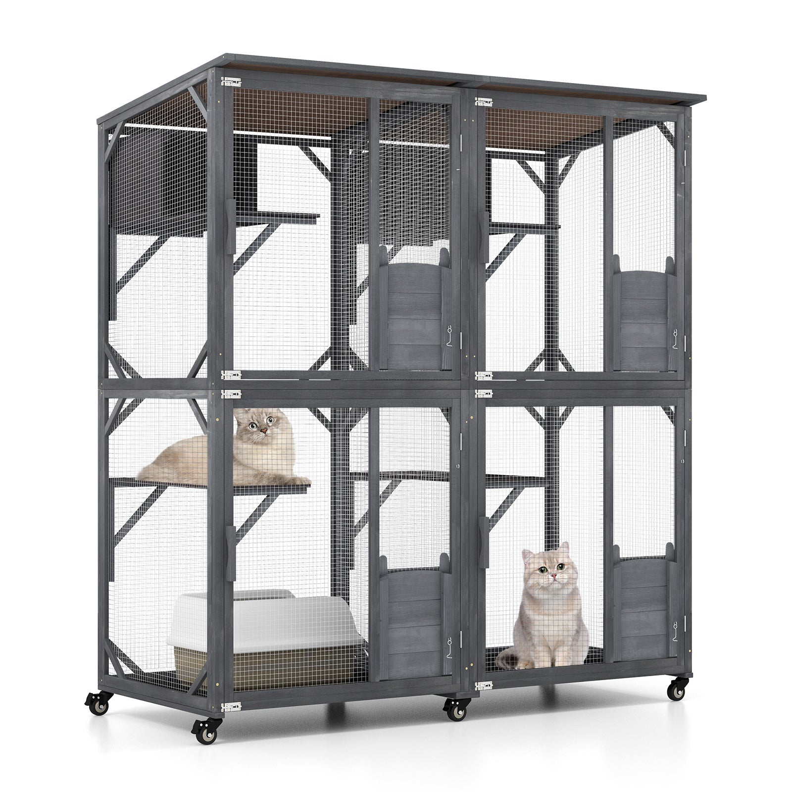 72 Inch Large Wooden Cat House Catio Kitten Enclosure on Wheels with Weatherproof Asphalt Roof-Gray Default Title