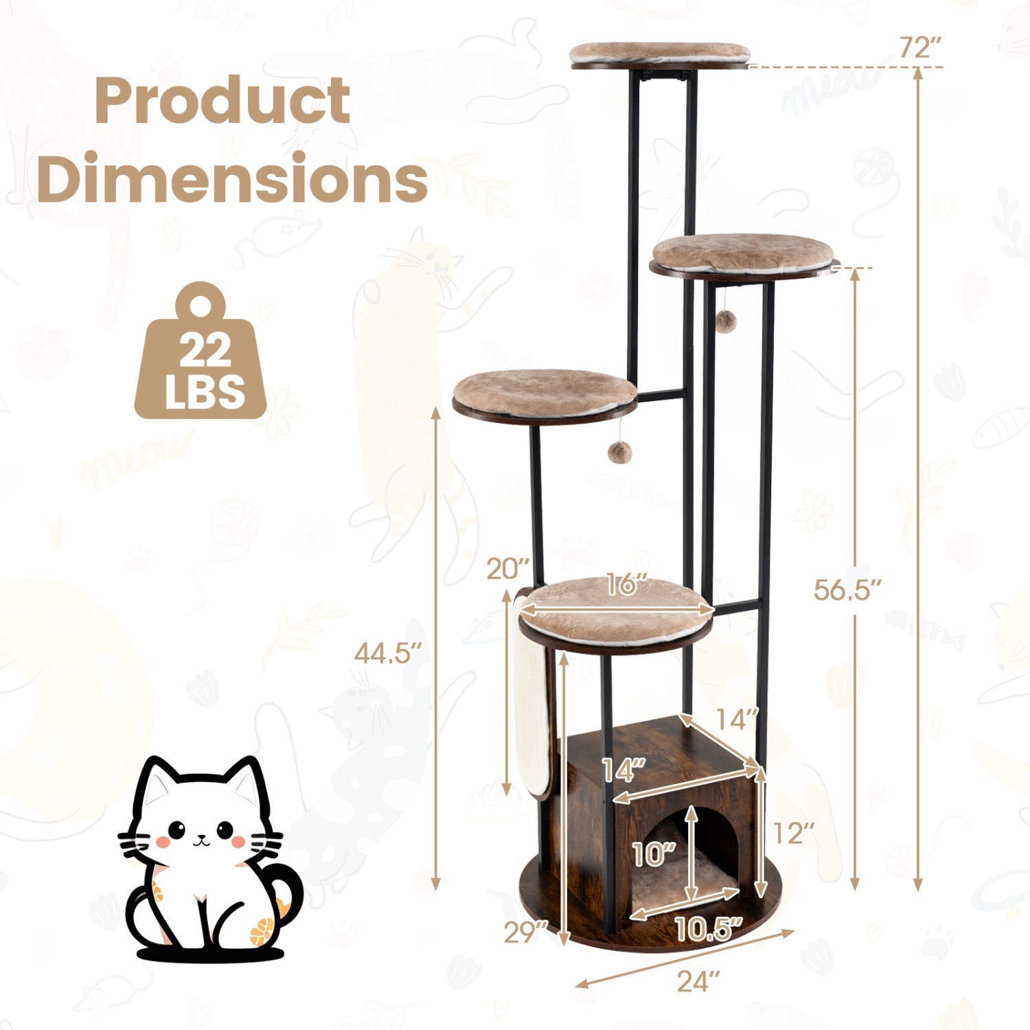 72-Inch Multi-Level Cat Tree with Condo and Perches
