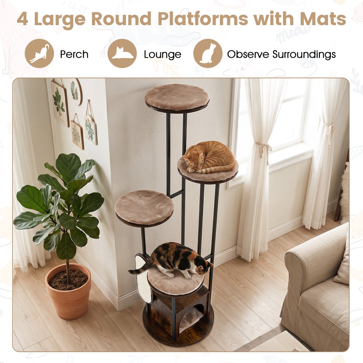 72-Inch Multi-Level Cat Tree with Condo and Perches