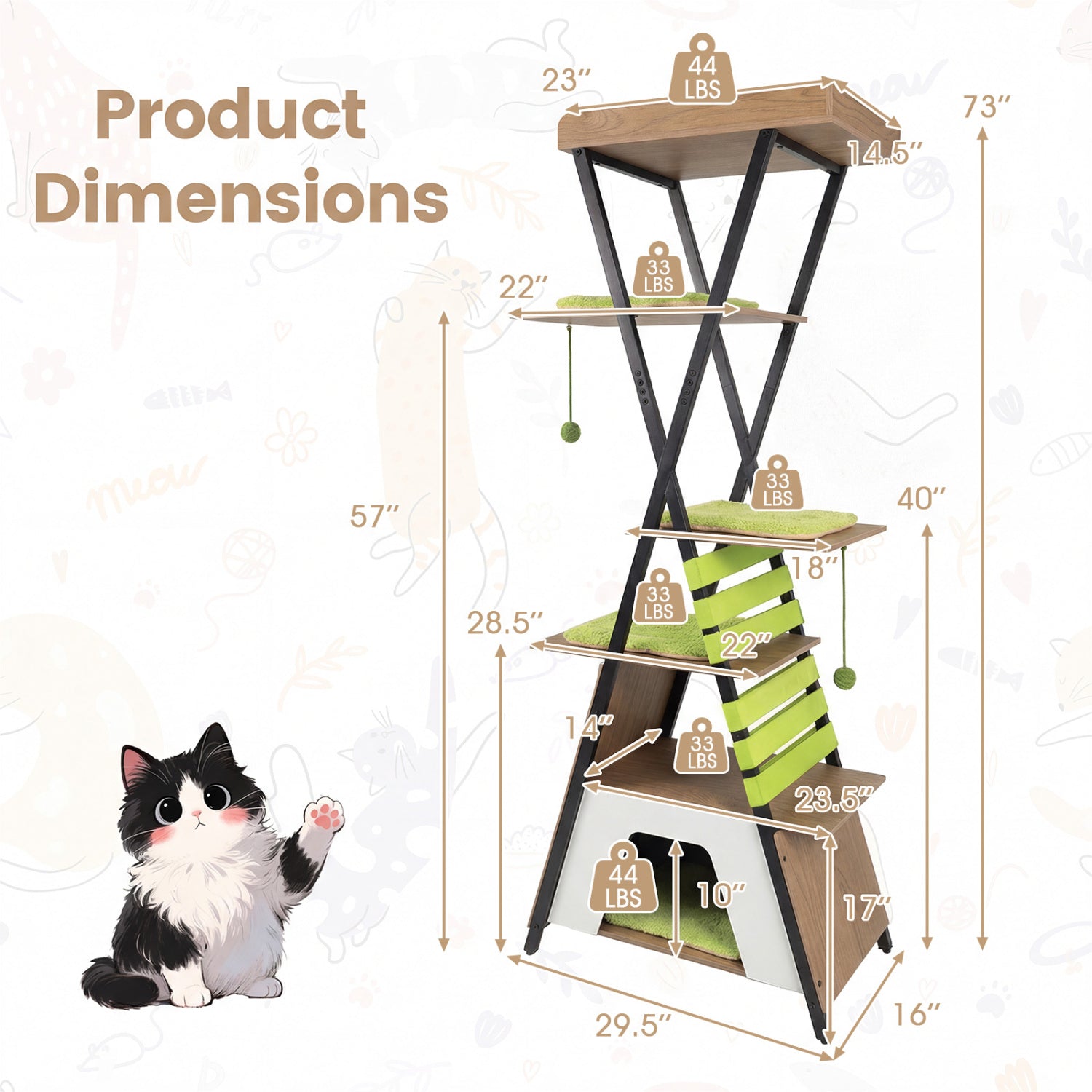 73 Inch Multi-level Cat Tree for Indoor Cats with Elevated Perch and Large Condo