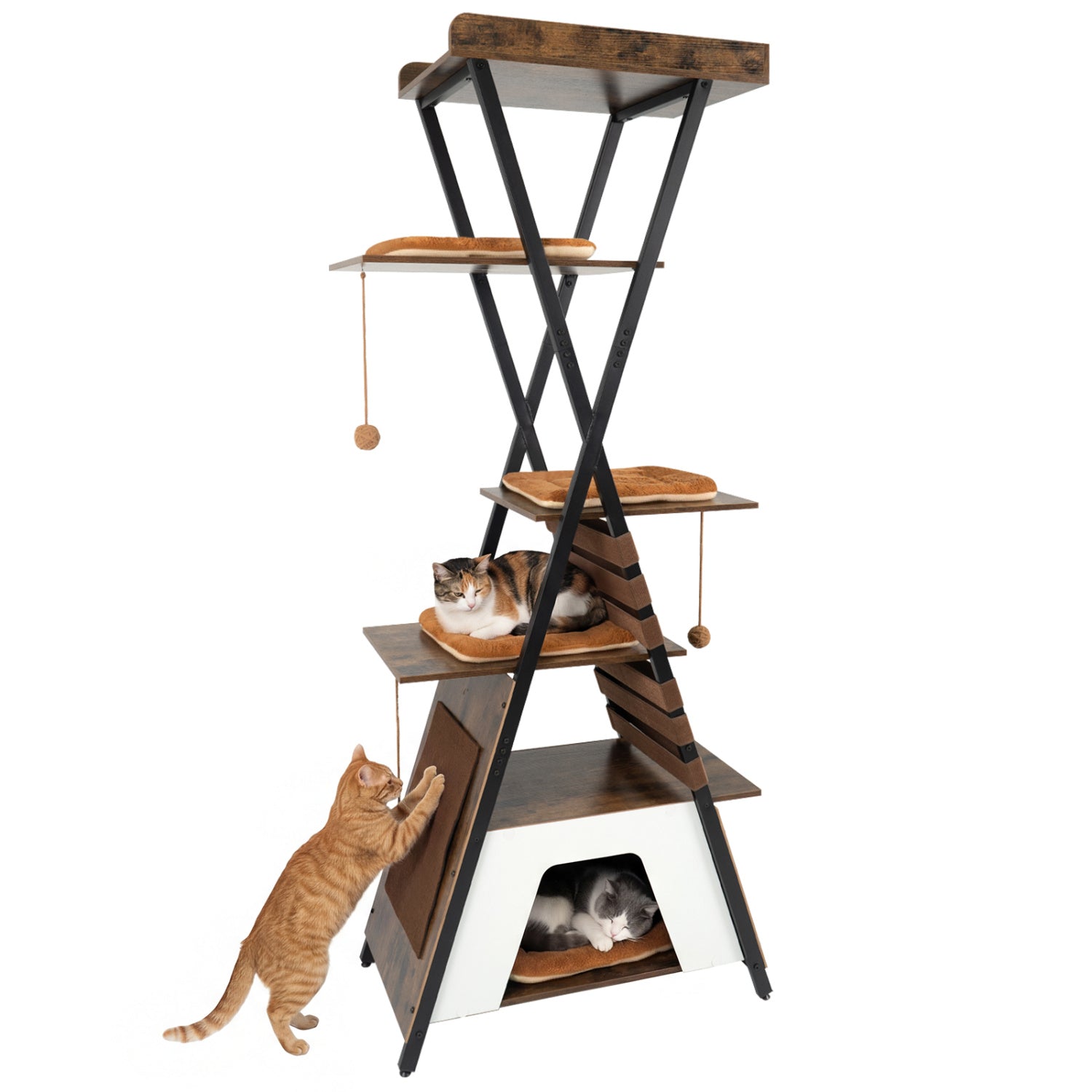 73 Inch Multi-level Cat Tree for Indoor Cats with Elevated Perch and Large Condo Rustic Brown