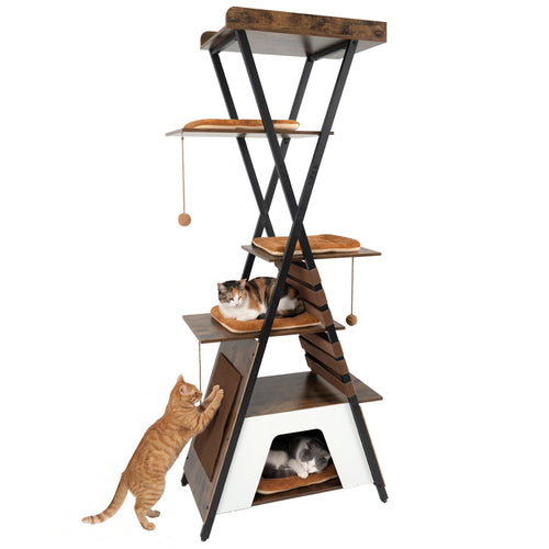 73 Inch Multi-level Cat Tree for Indoor Cats with Elevated Perch and Large Condo Rustic Brown