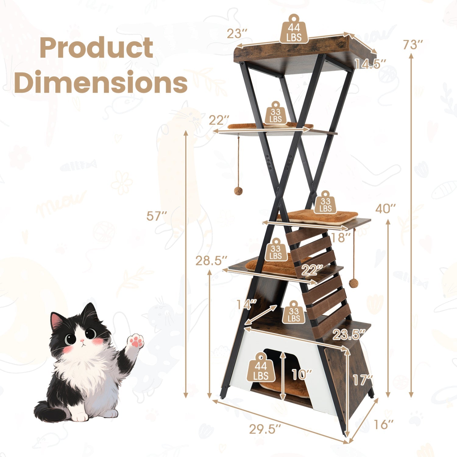 73 Inch Multi-level Cat Tree for Indoor Cats with Elevated Perch and Large Condo
