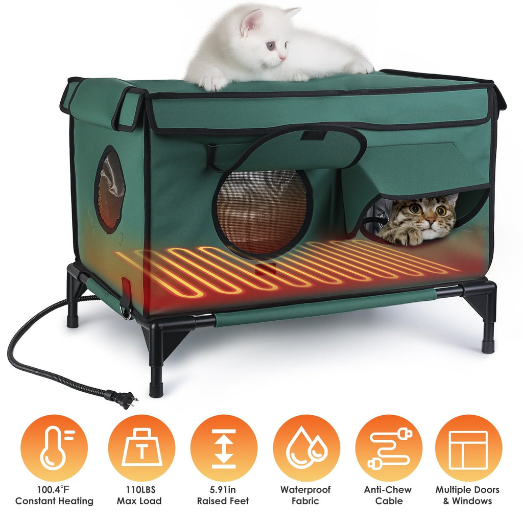 Waterproof Heated Cat House Outdoor Weatherproof Insulated Kitty Shelter Feral Cat Heating Bed with Heating Pad Anti-Chew Cord 2 Doors 3 Windows for I