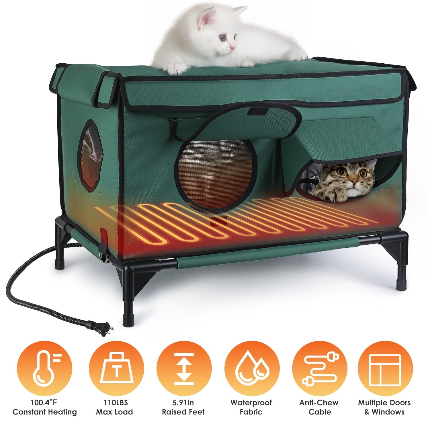 Waterproof Heated Cat House Outdoor Weatherproof Insulated Kitty Shelter Feral Cat Heating Bed with Heating Pad Anti-Chew Cord 2 Doors 3 Windows for I
