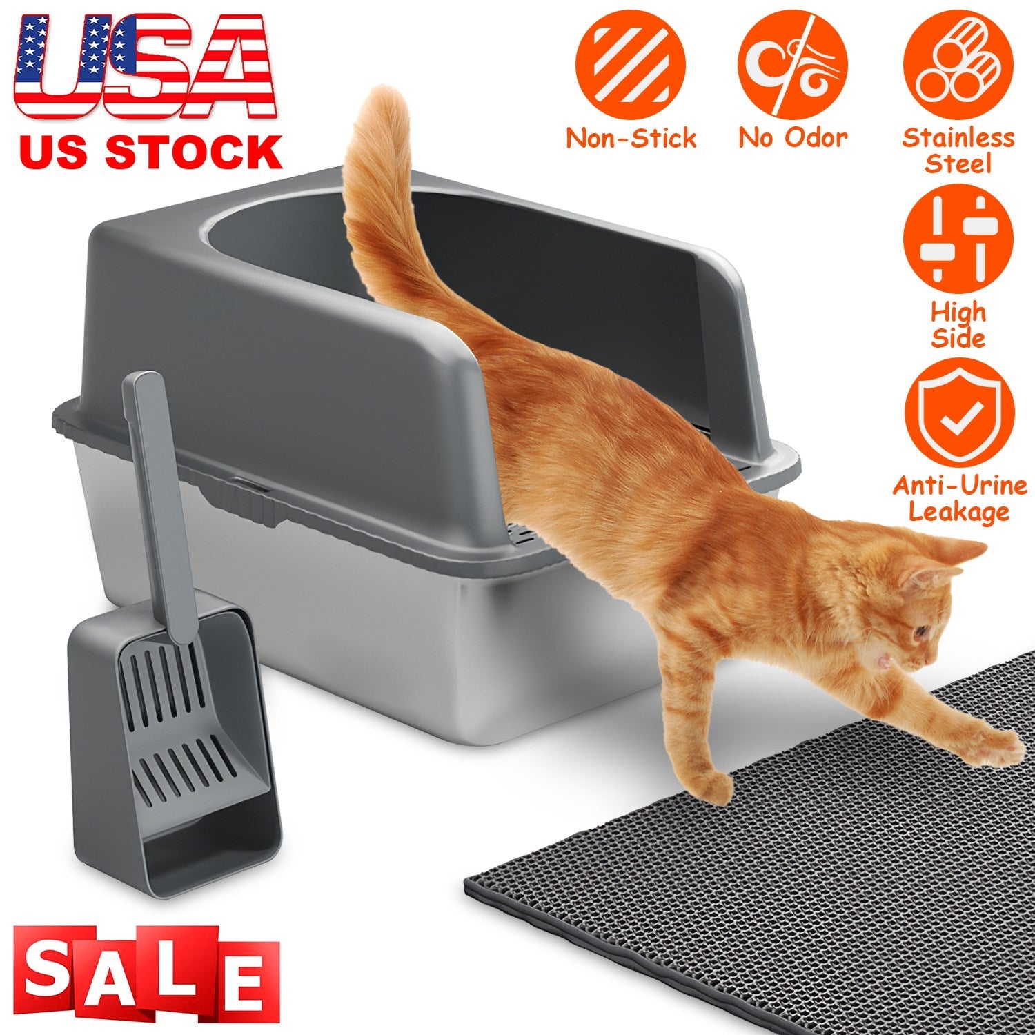 Enclosed Stainless Steel Cat Litter Box with Lid - 20L