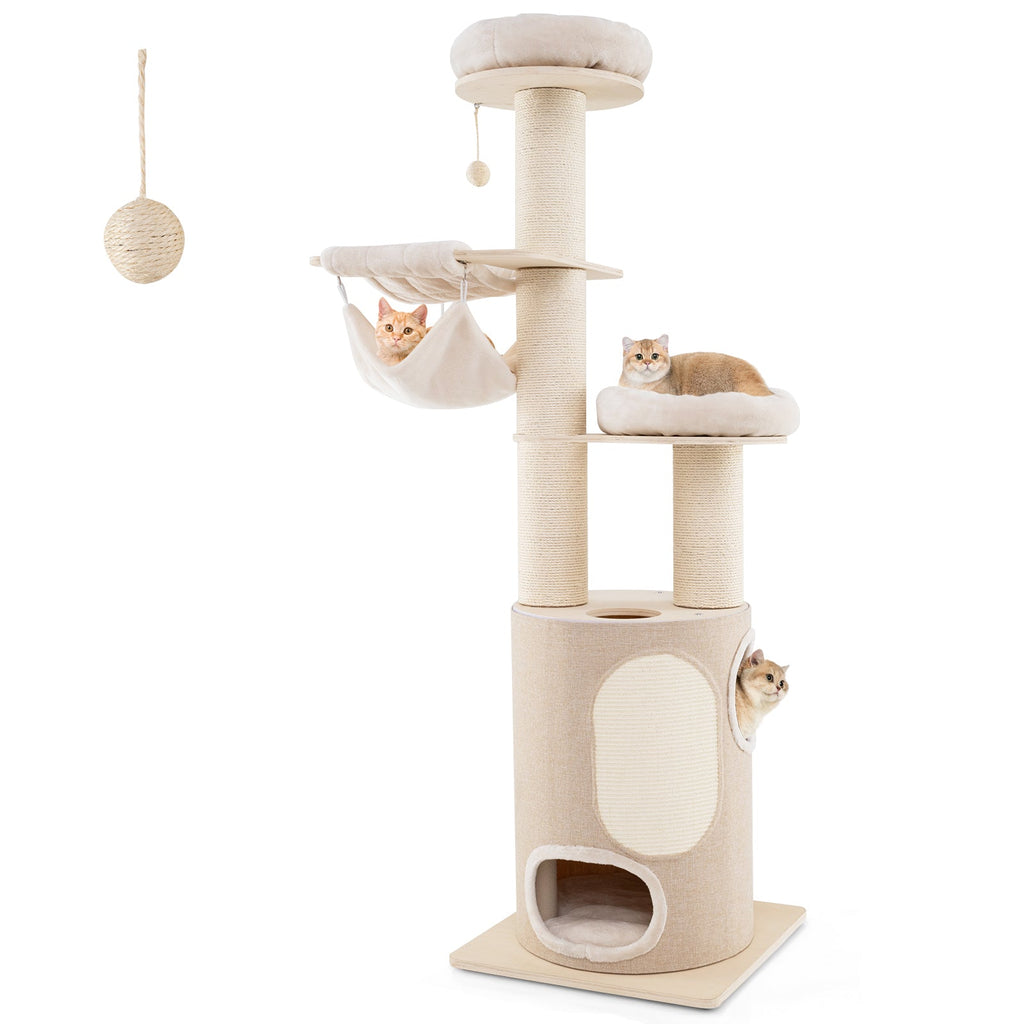 74 Inches Tall Wooden Cat Tower Tree with 2-Story Cat Condo and Washable Cushions-Natural Default Title