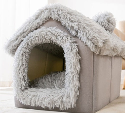 Foldable Dog House Pet Cat Bed Winter Dog Villa Sleep Kennel Removable Nest Warm Enclosed Cave Sofa Pets Supplies Grey Snow House