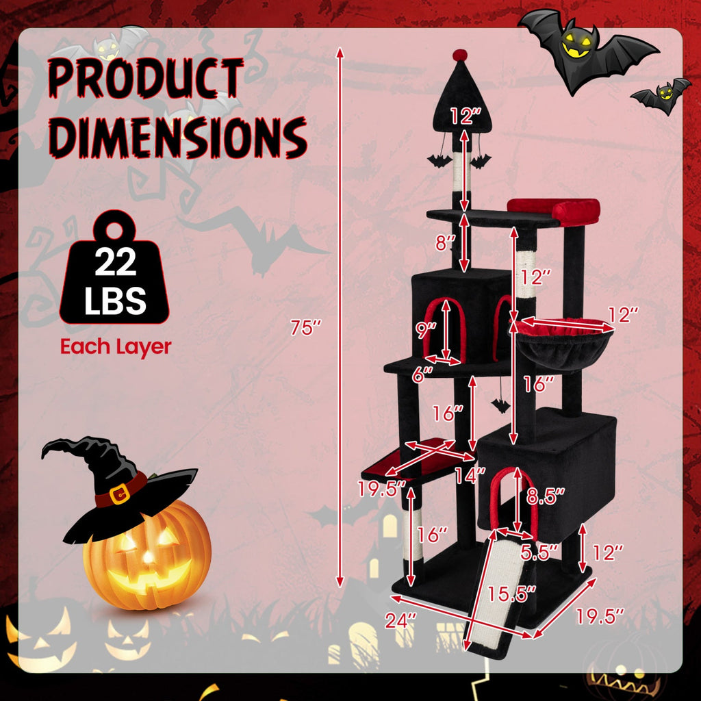 75 Inch Gothic Cat Tree with 2 Condos and Top Perch for Large Cats 20+ LBS