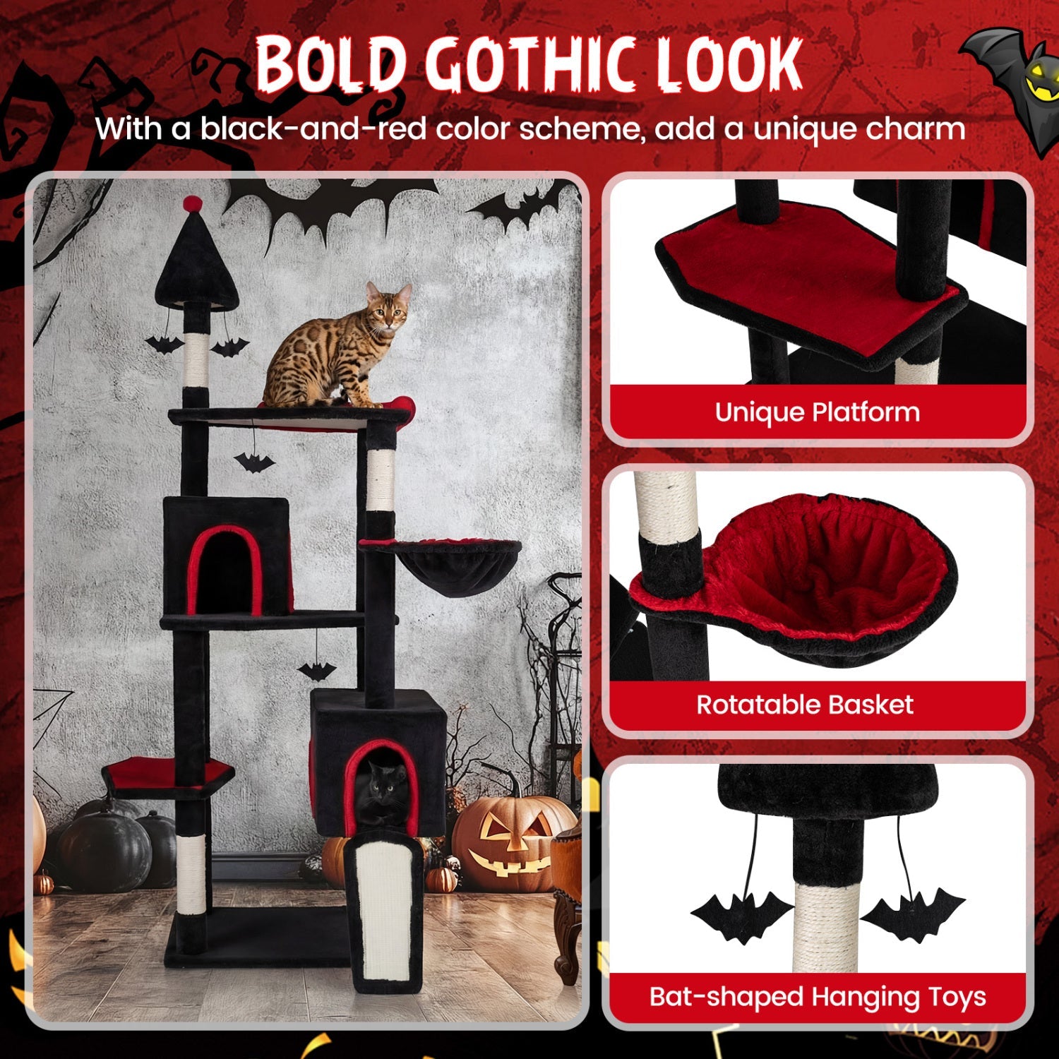 75 Inch Gothic Cat Tree with 2 Condos and Top Perch for Large Cats 20+ LBS