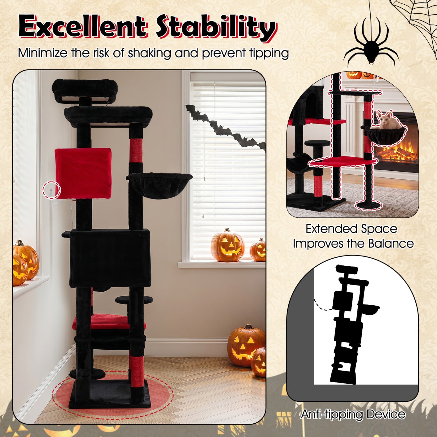 Gothic Cat Tree 75 Inch with Dual Perches and Houses