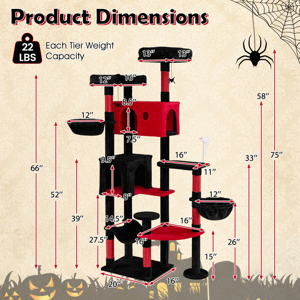 Gothic Cat Tree 75 Inch with Dual Perches and Houses