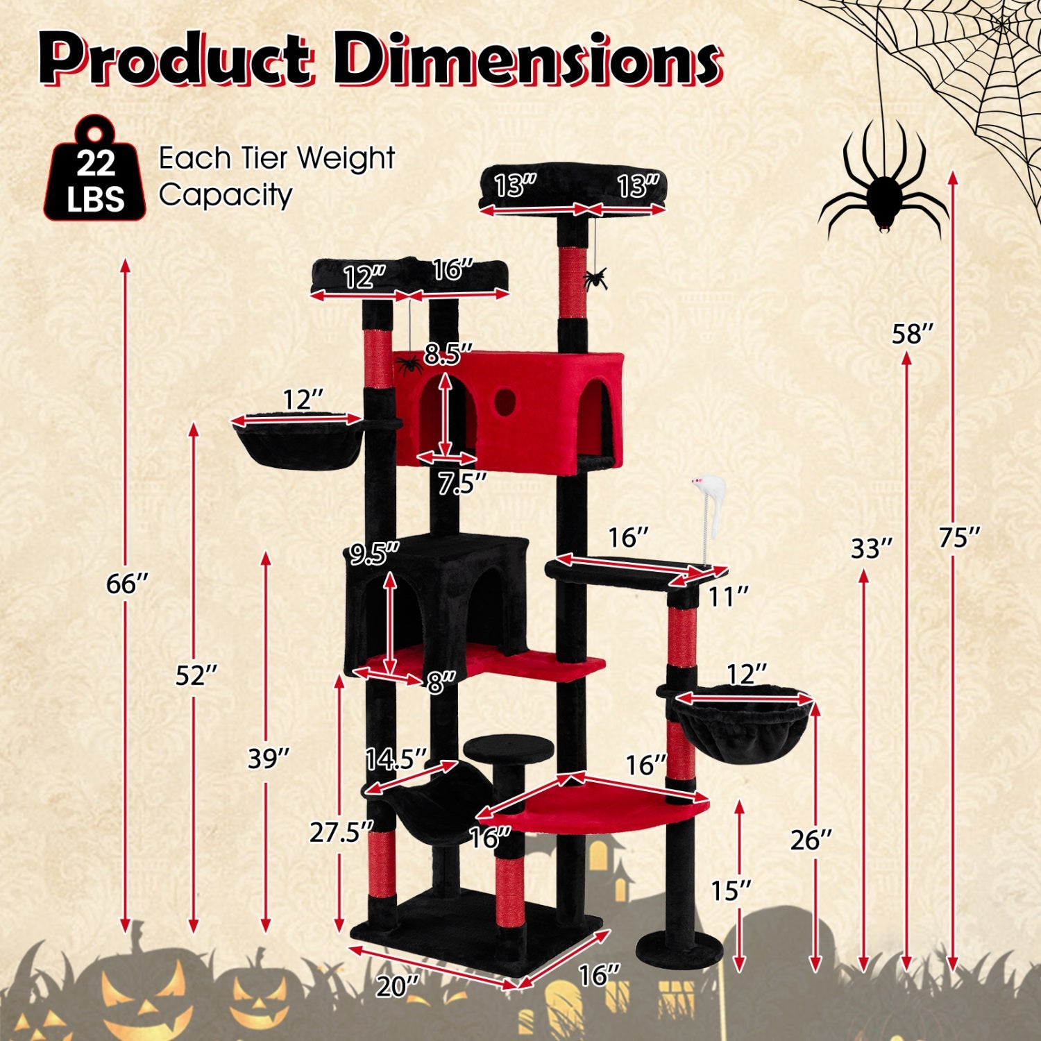 Gothic Cat Tree 75 Inch with Dual Perches and Houses