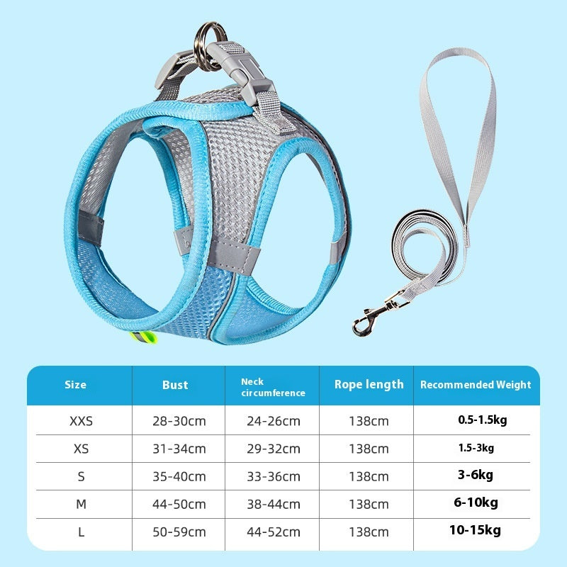 Reflective Dog Vest Harness & Leash – Breathable Polyester | XXS–L | 7 Colors Blue Rope length 138cm