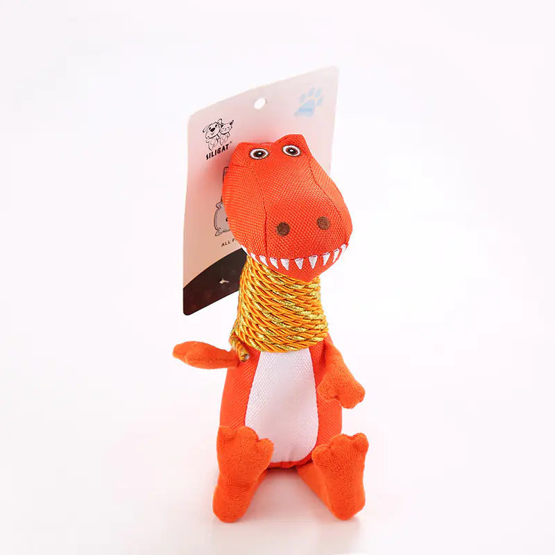 Plush Dinosaur Dog Toy with Sound and Chew Features Orange
