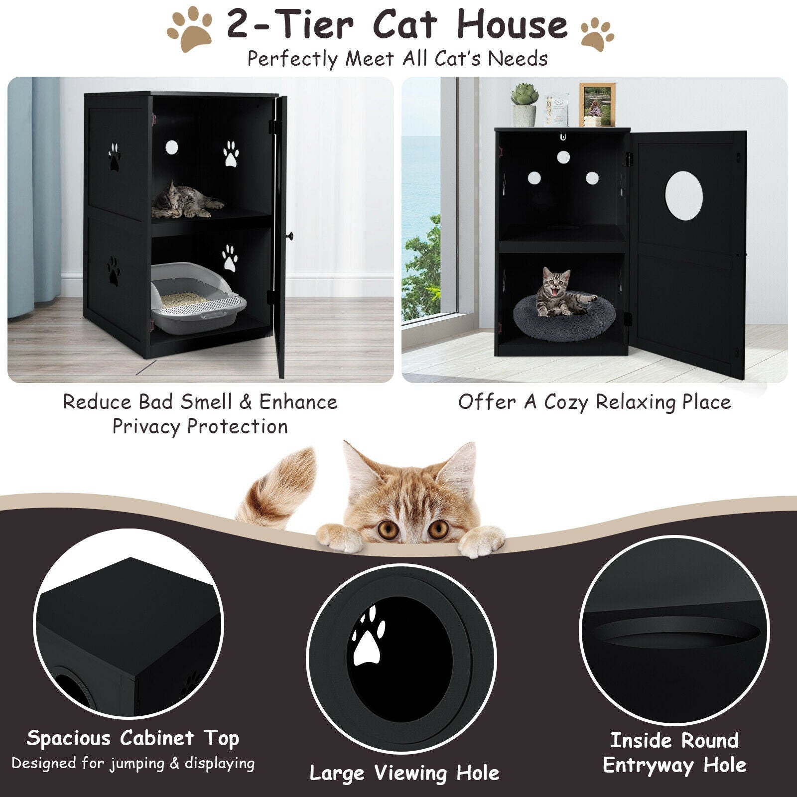 2-tier Litter Hidden Cat House With Anti-toppling Device