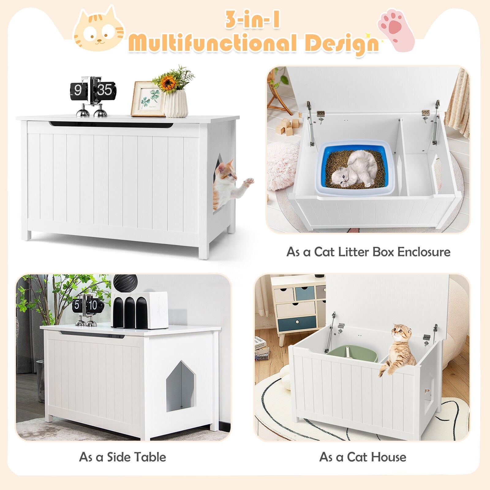 Wooden Cat Litter Box Enclosure with Top Opening Side Table Furniture