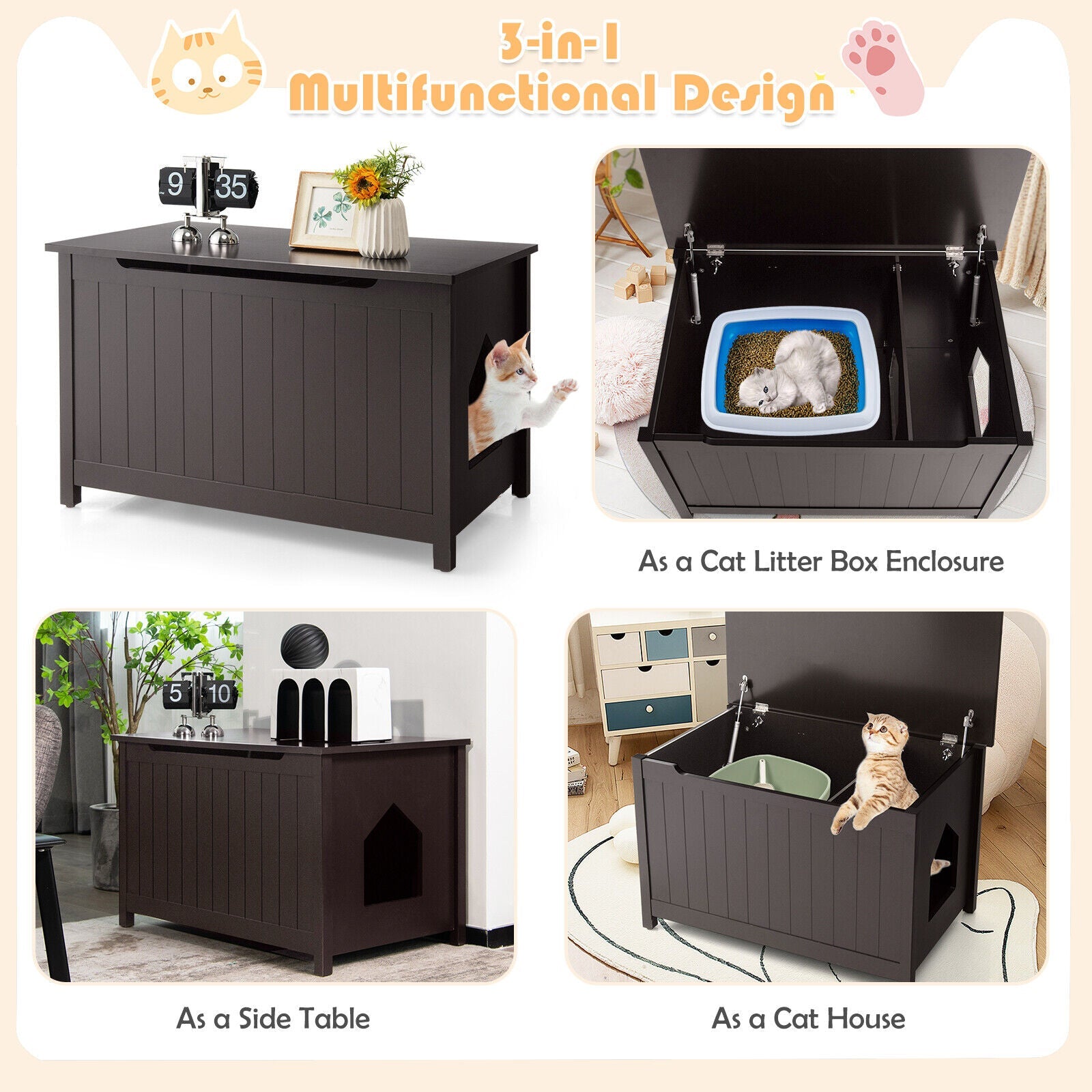 Wooden Cat Litter Box Enclosure with Top Opening Side Table Furniture