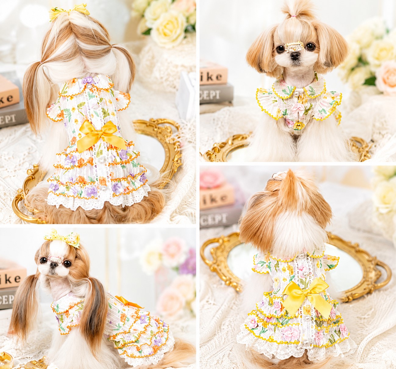 Floral Lace Dog Dress | Cottagecore Pet Princess Dress with Bow & Pearl Buttons
