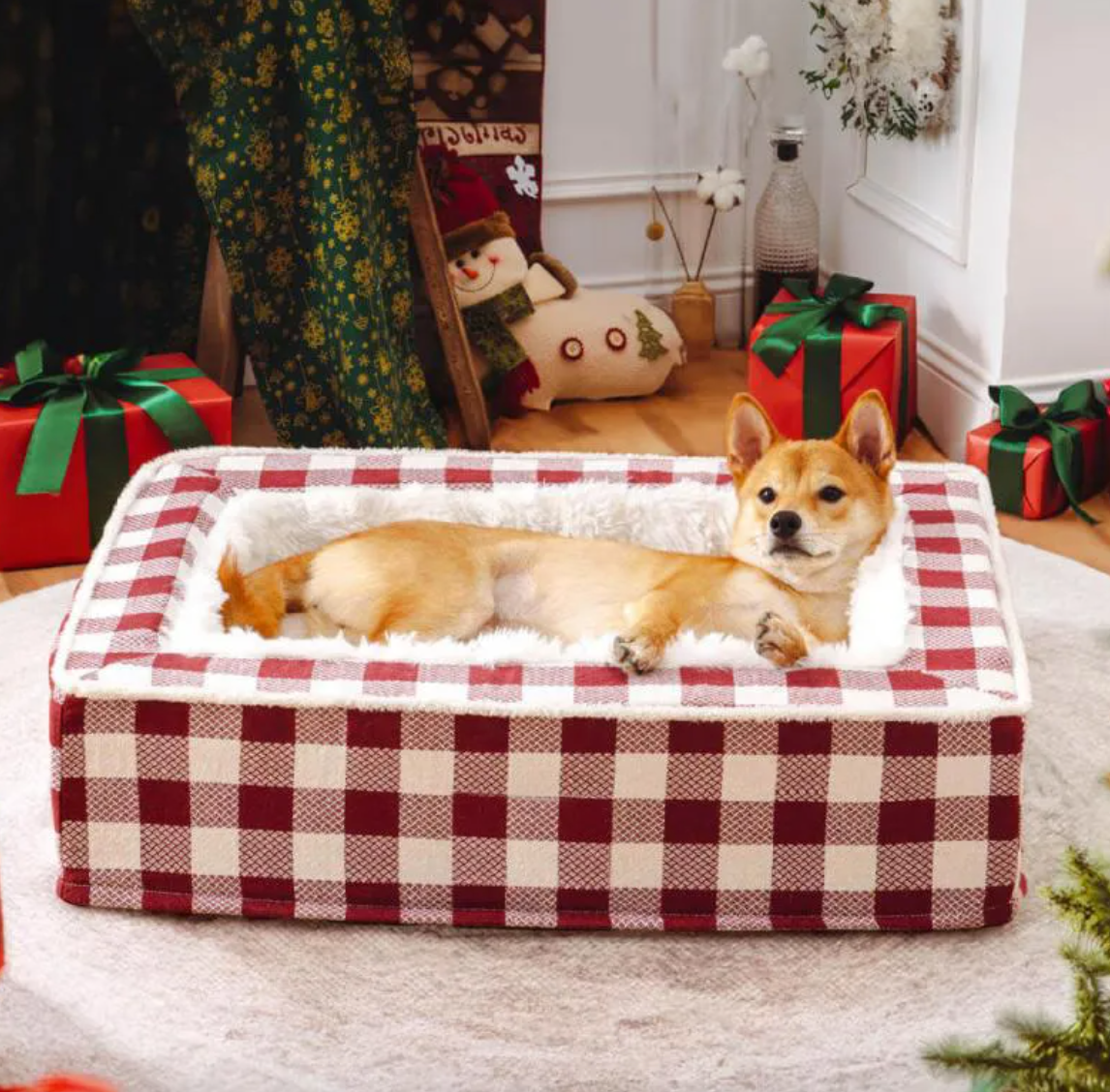 Classic Plaid Pet Bed (Removable & Washable) Red L80x60x20 cm cm cm