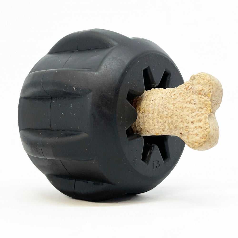 Gear eDispenser - Durable Rubber Yak Chew Holder & Treat Pocket | USA Made LARGE GEAR TOY - BLACK