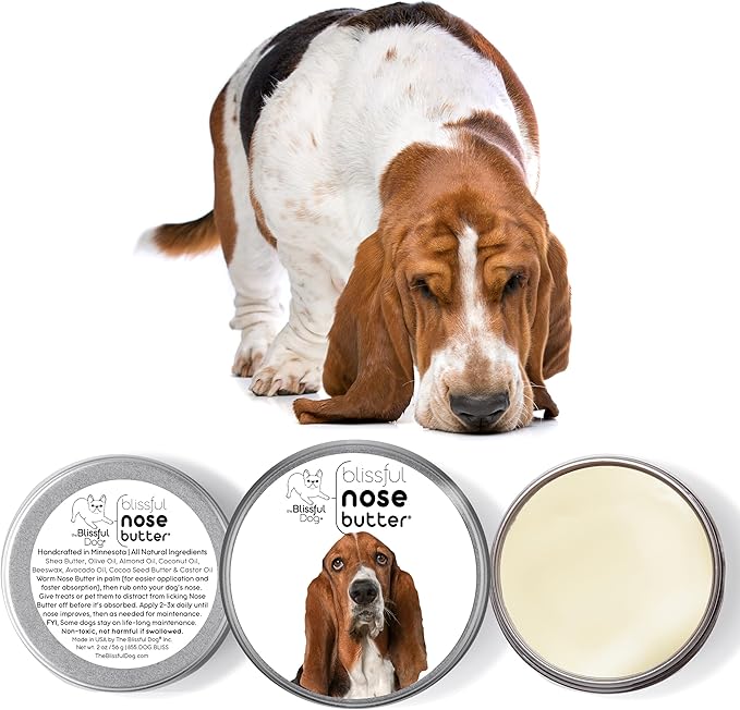 The Blissful Dog Basset Hound Nose Butter for Dry, Cracked Skin, Lick-Safe Dog Nose Balm with Moisturizing Shea Butter, Almond, Olive, and Essential Oils, Pet Supplies, Uncented, 4 oz.
