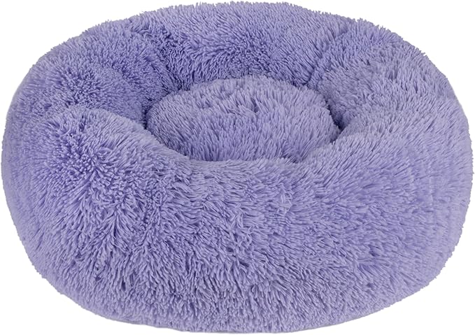 Best Pet Supplies Round Donut Dog Bed with Plush Faux Fur Fabric, Calming, Anti-Anxiety Cushion for Indoor Pets, Slip-Resistant Base, Soft Ergonomic Support - Lavender, 30x30x8''