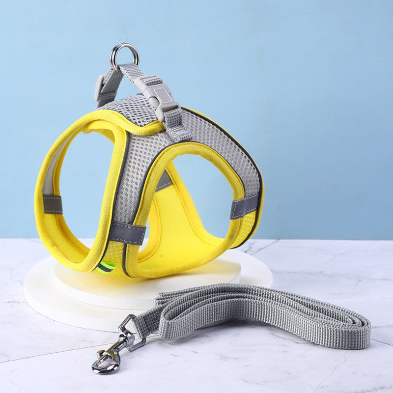 Reflective Dog Vest Harness & Leash – Breathable Polyester | XXS–L | 7 Colors Yellow Rope length 150cm