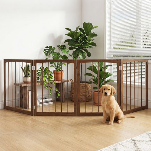 4-Panel Wooden Pet Gate 83" x 30" Freestanding Dog Fence Brown