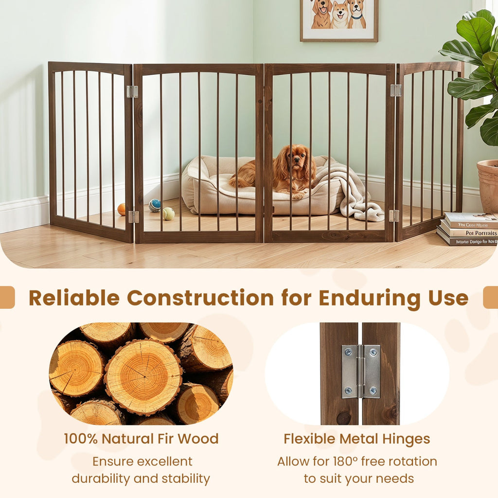 4-Panel Wooden Pet Gate 83" x 30" Freestanding Dog Fence