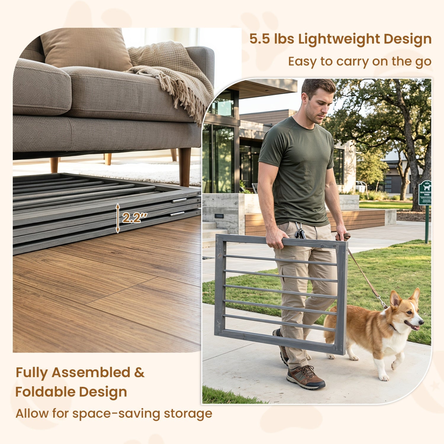 4-Panel Wooden Pet Gate 83" x 30" Freestanding Dog Fence