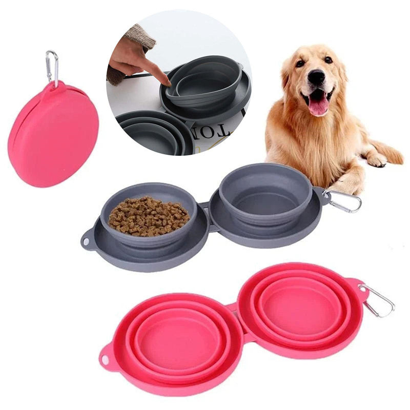 Rubber Foldable Double Bowl Pet Feeding Bowl Pets Supplies Dog Cat Bowls Set