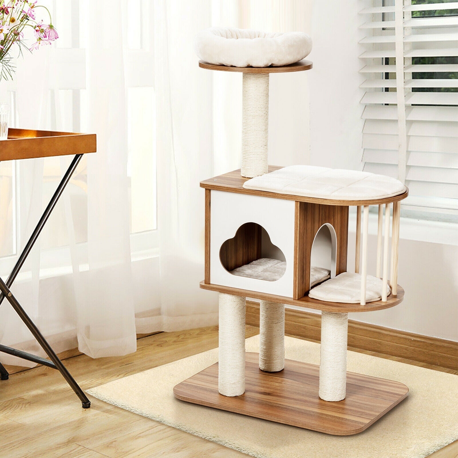 46 Inch Wooden Cat Activity Tree with Platform and Cushions
