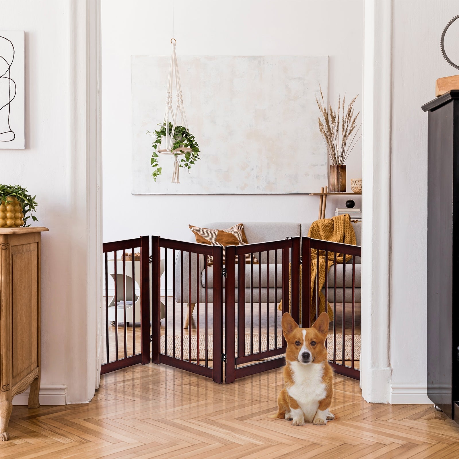 30 Inch Tall 4-Panel Freestanding Pet Gate Wooden Dog Fence-Brown