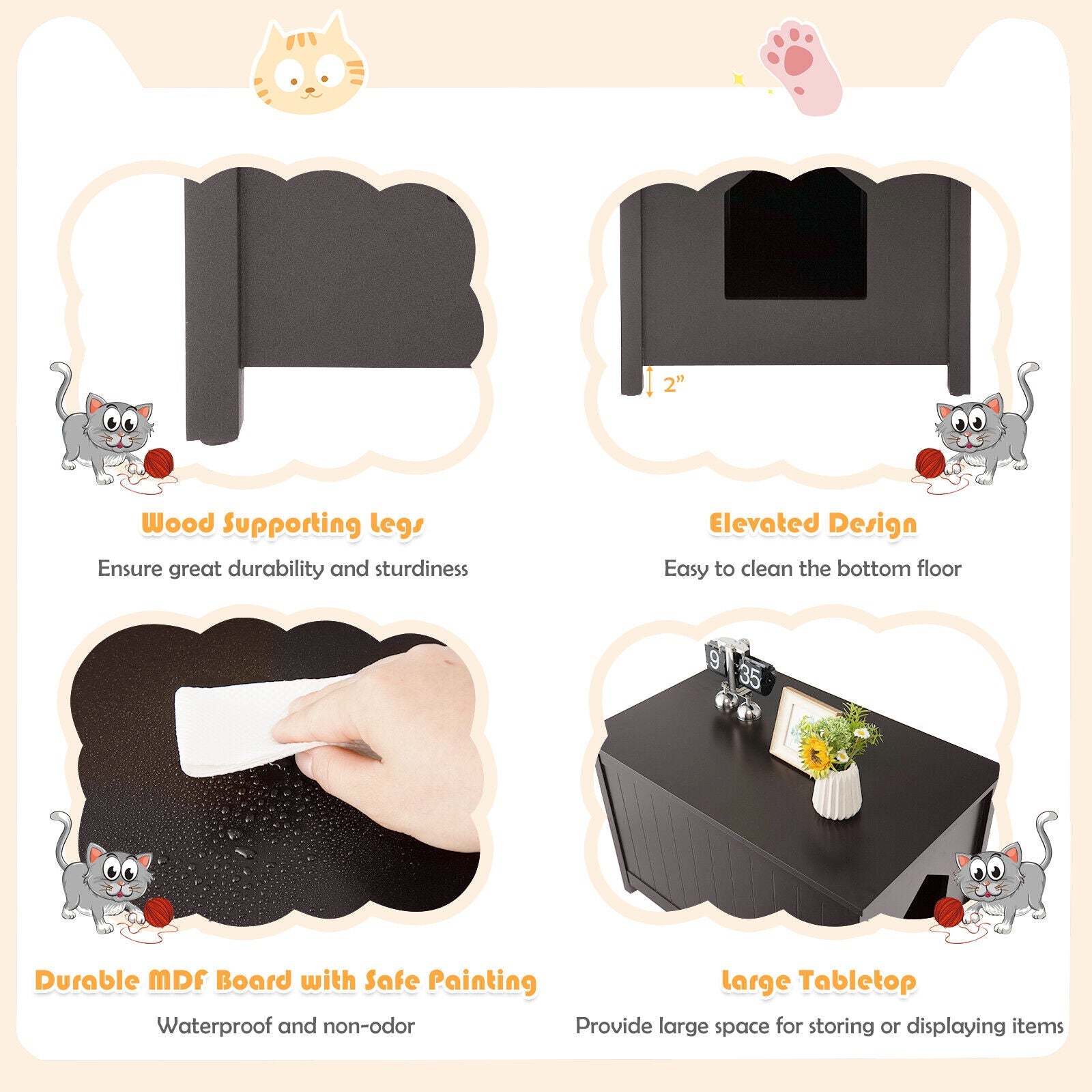Wooden Cat Litter Box Enclosure with Top Opening Side Table Furniture