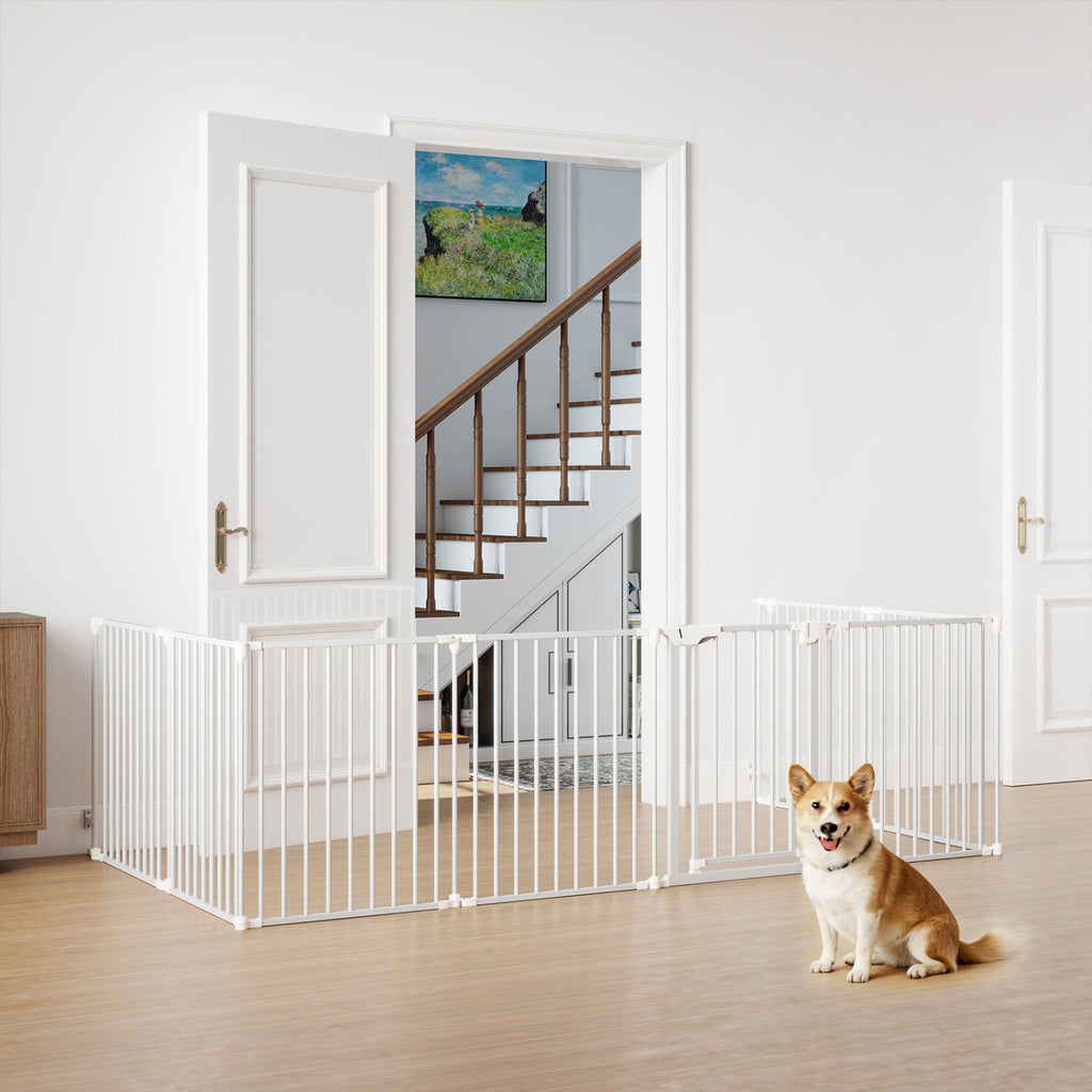 8-Panel Extra Wide Baby Gate Adjustable Pet Safety Fence with Auto-close Door