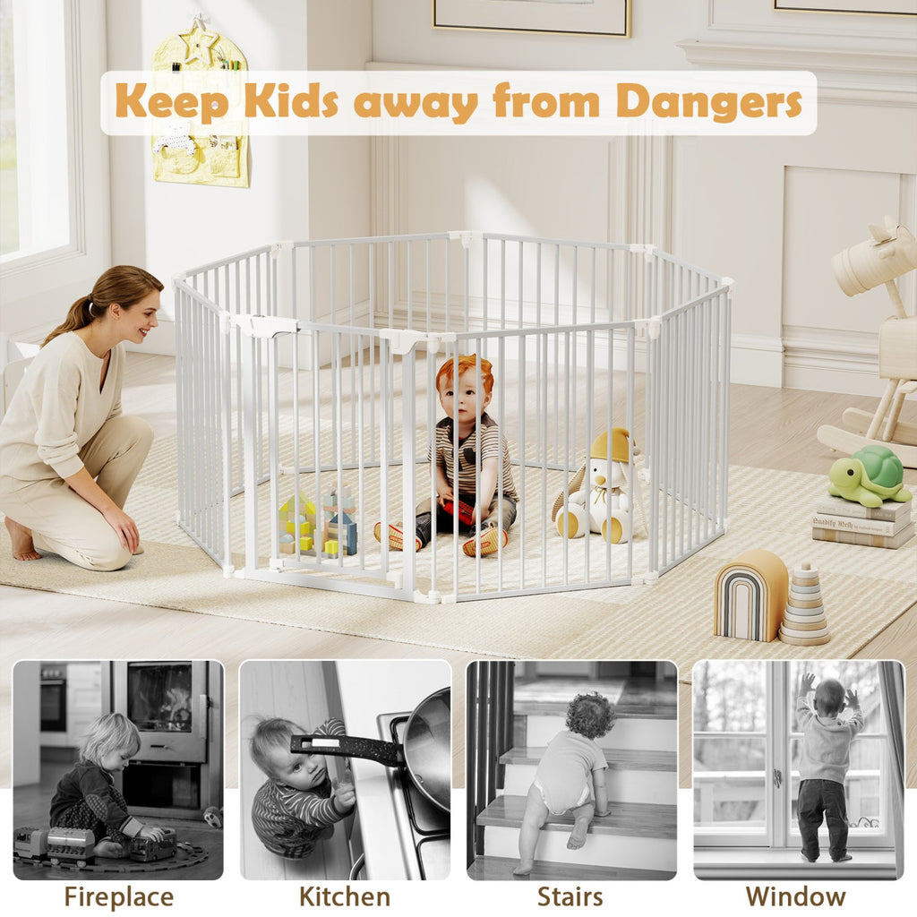 8-Panel Extra Wide Baby Gate Adjustable Pet Safety Fence with Auto-close Door