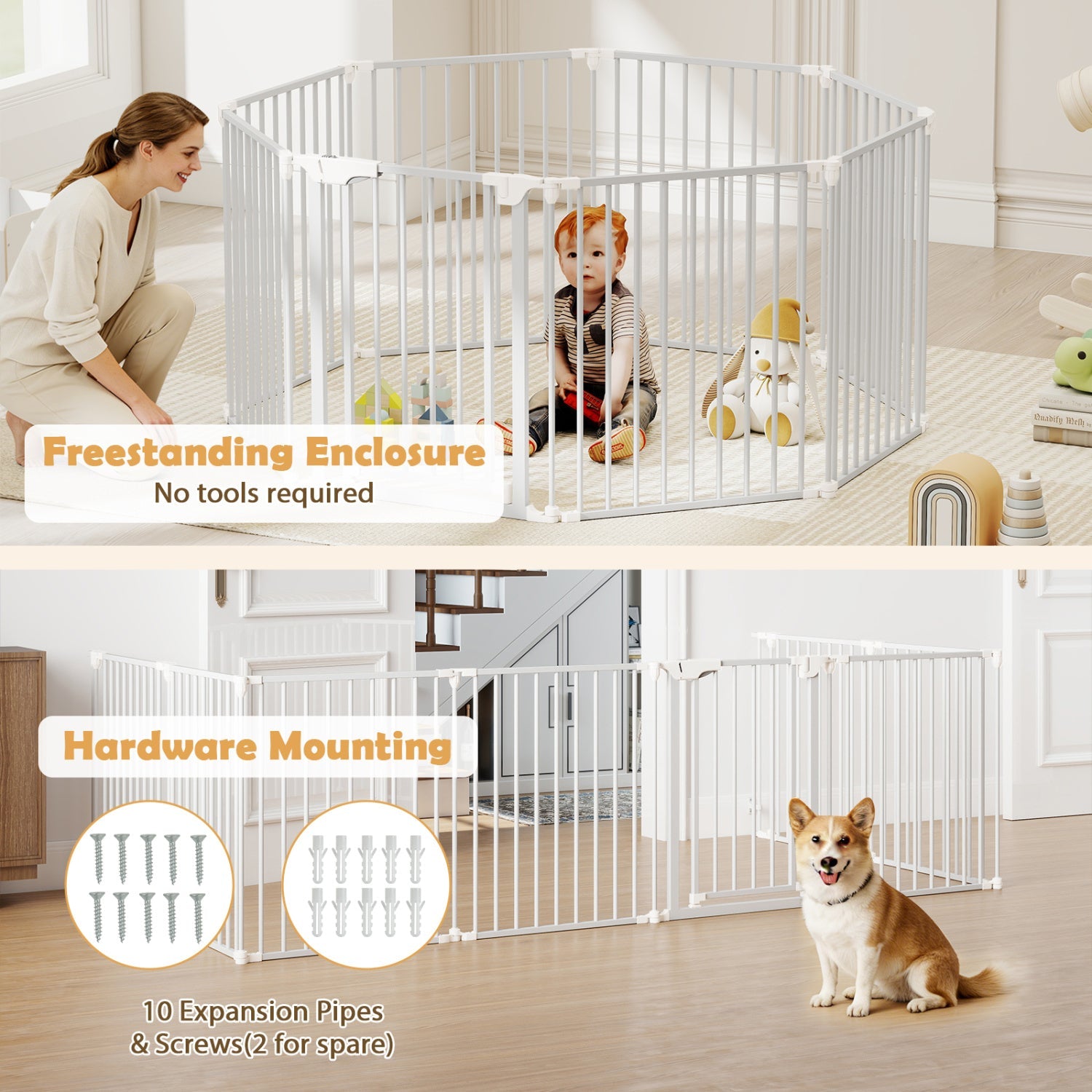 8-Panel Extra Wide Baby Gate Adjustable Pet Safety Fence with Auto-close Door