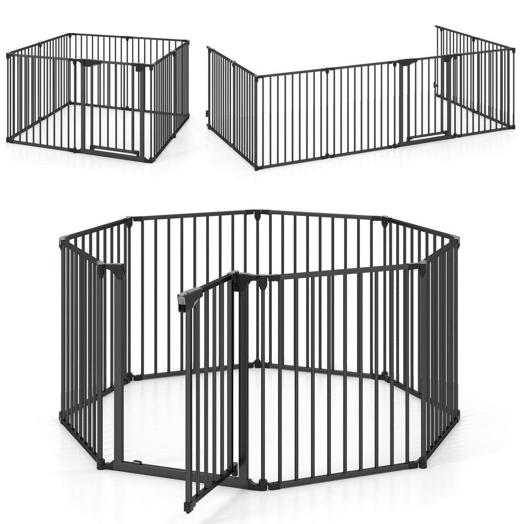 8-Panel Extra Wide Baby Gate Adjustable Pet Safety Fence with Auto-close Door Black