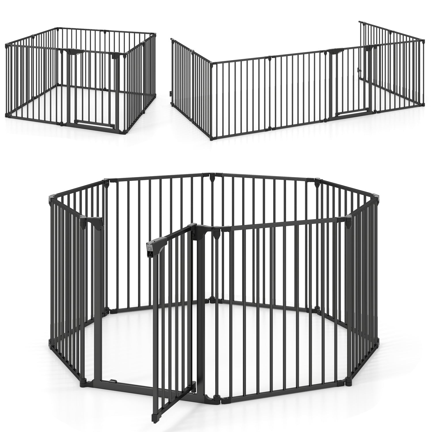 8-Panel Extra Wide Baby Gate Adjustable Pet Safety Fence with Auto-close Door Black