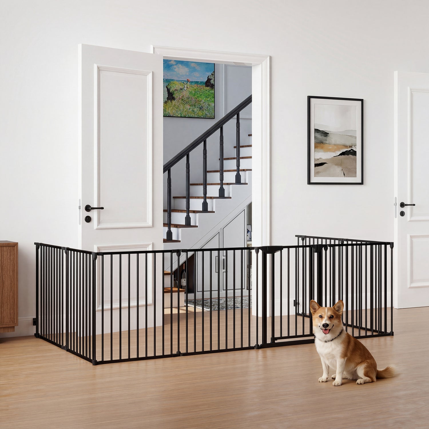8-Panel Extra Wide Baby Gate Adjustable Pet Safety Fence with Auto-close Door